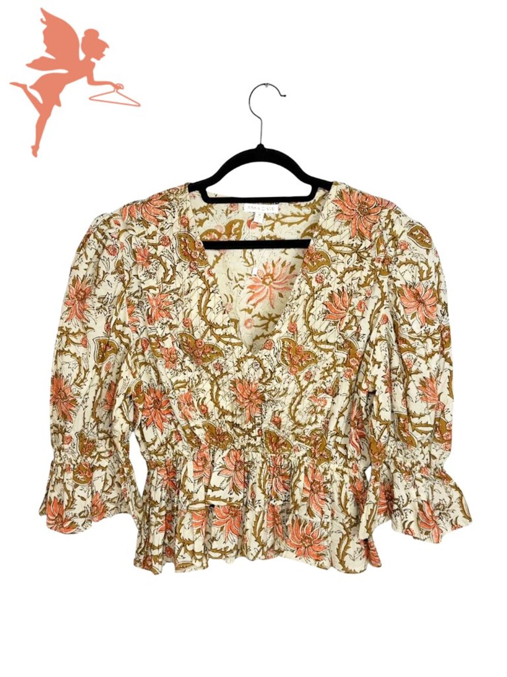 ANNA CATE Kara Puff Sleeve Block Print Peplum Top - Picture 2 of 7